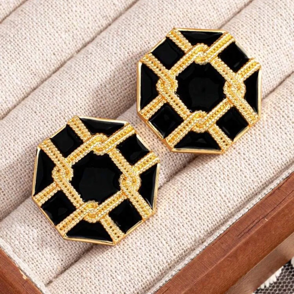 Modern Octagonal Black Enamel Earrings | Gold-Tone Geometric Statement
